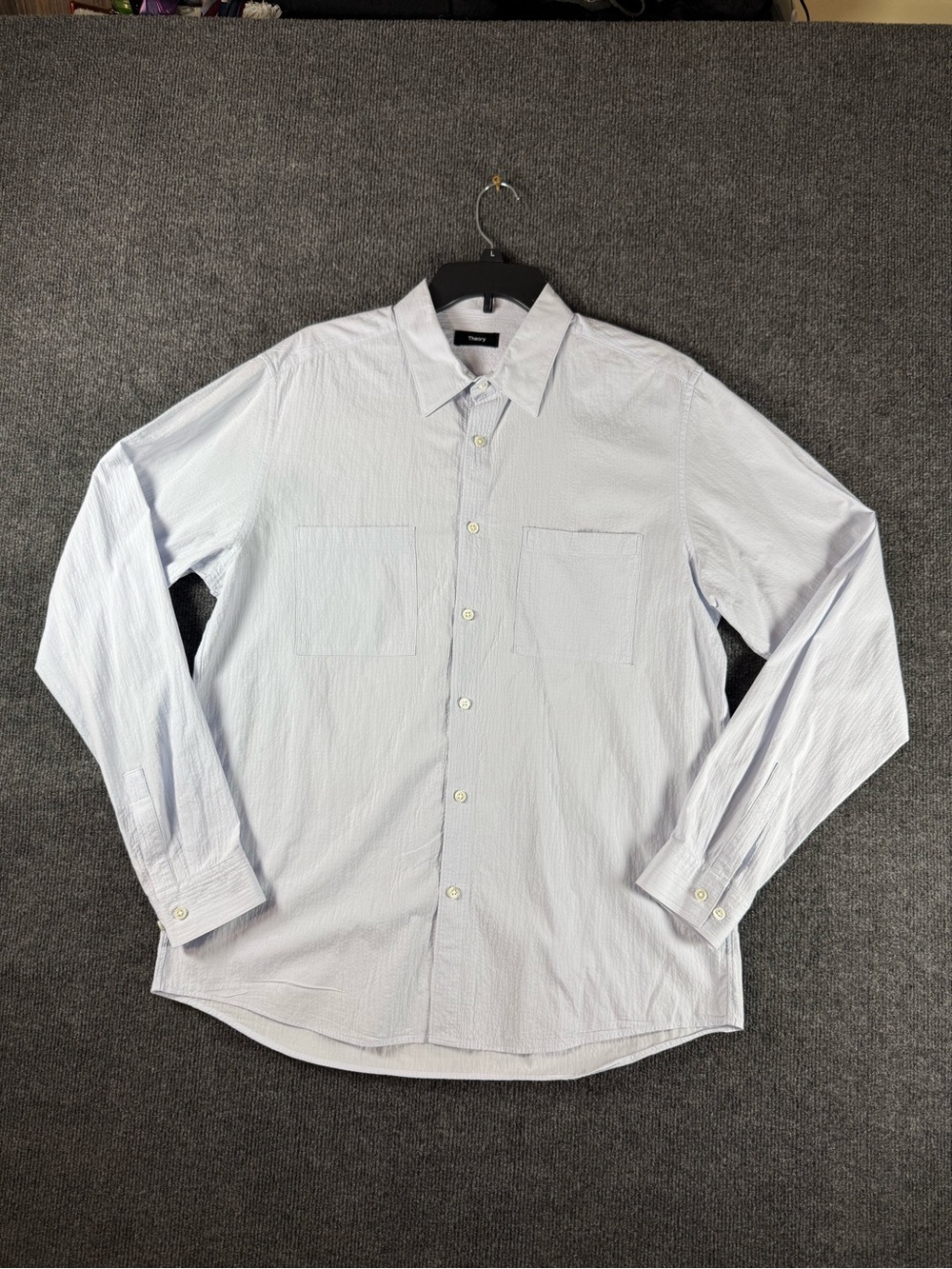 Theory Irving 2P Mens Large Blue Ripstop Button Up Shirt Stretch Cotton